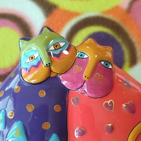 Laurel Burch Vintage Colorful Cat Ceramic Art in Purple Orange Green Circa 1990s - Picture 2 of 8